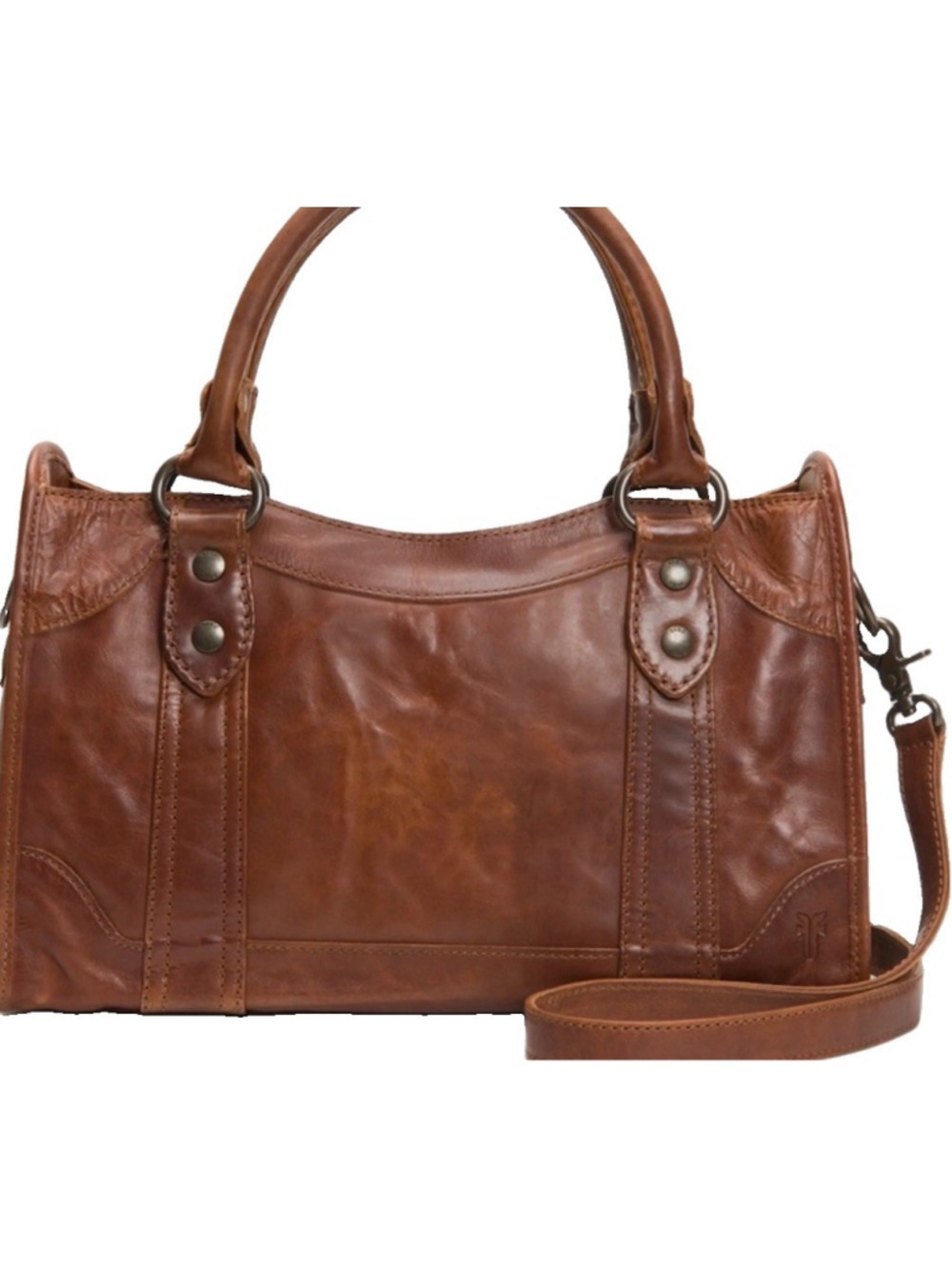 Frye Melissa Satchel Cognac Brown Leather Crossbody Handbag Distressed